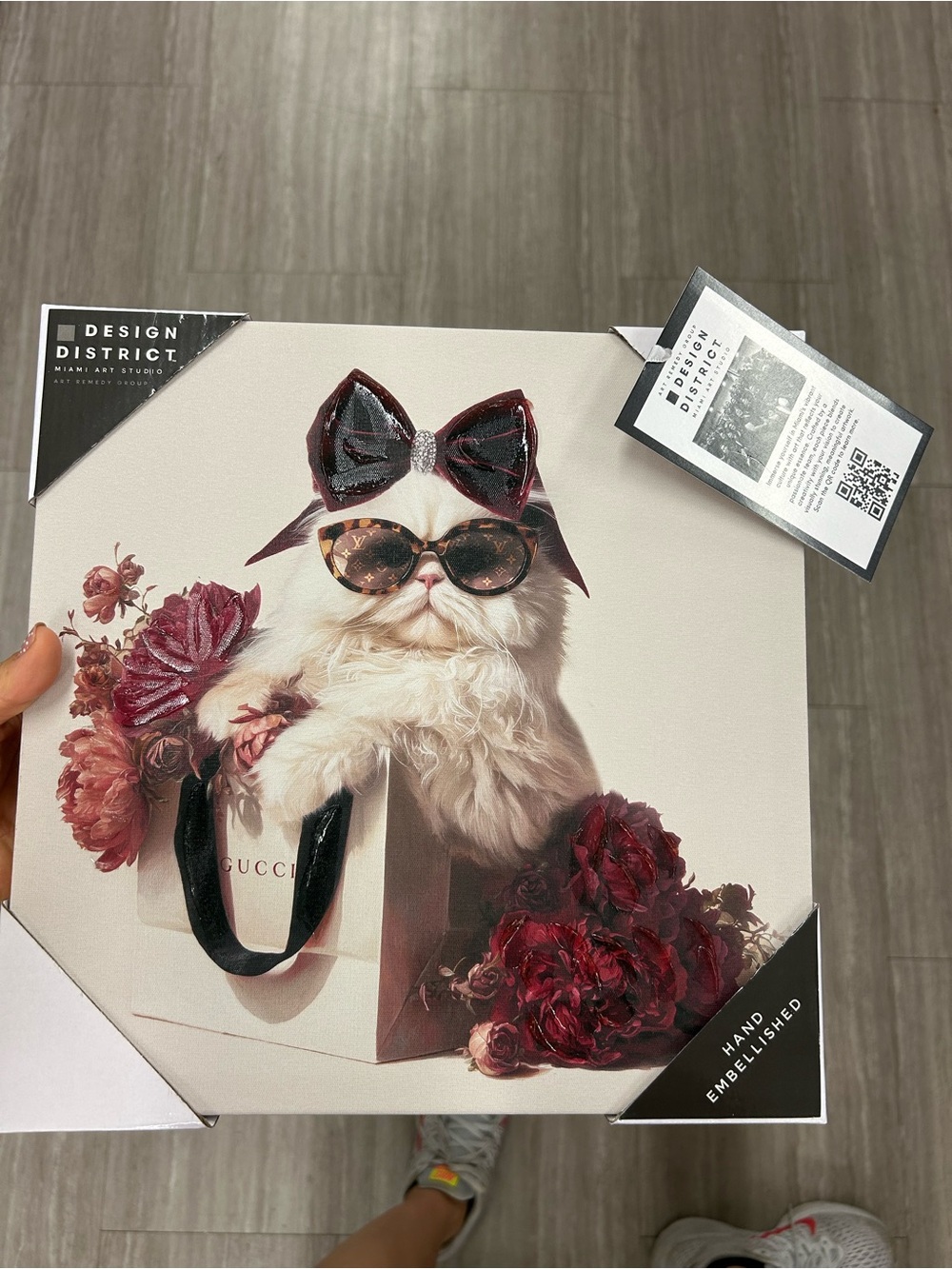 White Cat Canvas Art with Burgundy Accents
